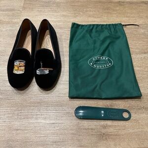 Stubbs & Wootton Black Velvet Embroidered Loafers